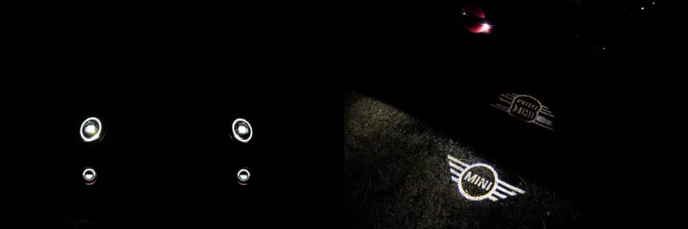 新型ミニ・クラブマン クーパーS ALL4のヘッドライト点灯状態とカーテシーランプ。