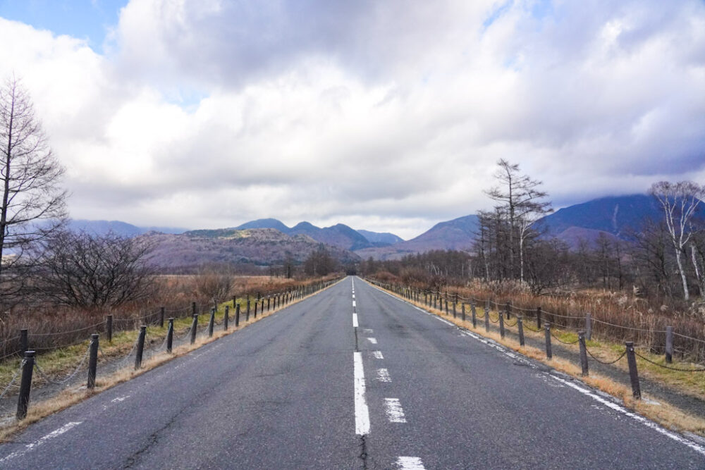 戦場ヶ原の東西を分断するかのような“日本ロマンチック街道(国道120号線)”