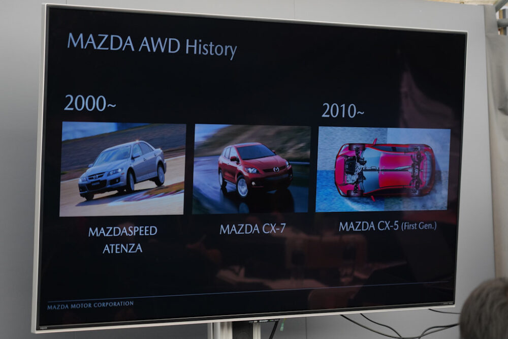 マツダ SUV オフロード試乗会プレゼンスライド。マツダAWDヒストリー、2000年以降。マツダスピードアテンザ、CX-7、初代CX-5。