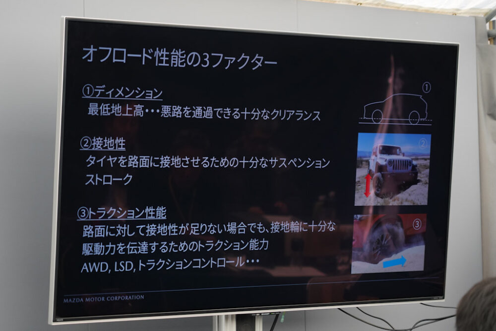 マツダ SUV オフロード試乗会プレゼンスライド。オフロード性能の3ファクター