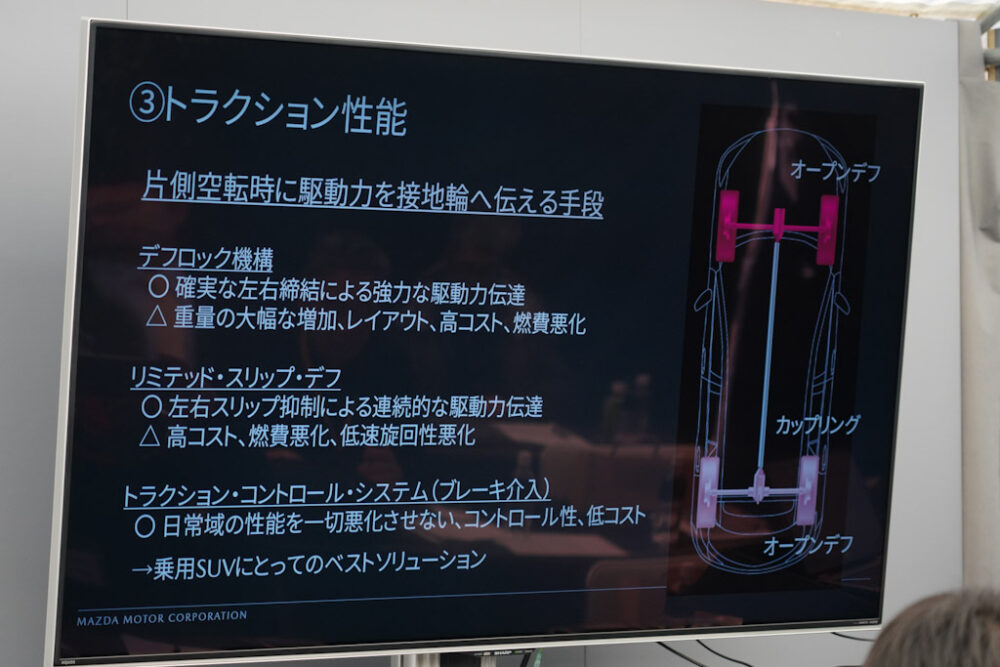 マツダ SUV オフロード試乗会プレゼンスライド。オフロード性能の3ファクター、トラクション性能。
