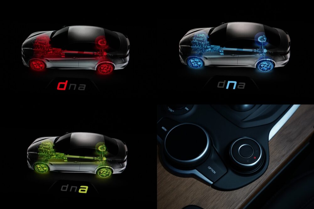 アルファロメオ ジュリア 2.2Lターボ・ディーゼルスーパー「ALFA™ DNA ドライブモードシステム」の各画面と設定ダイヤル
