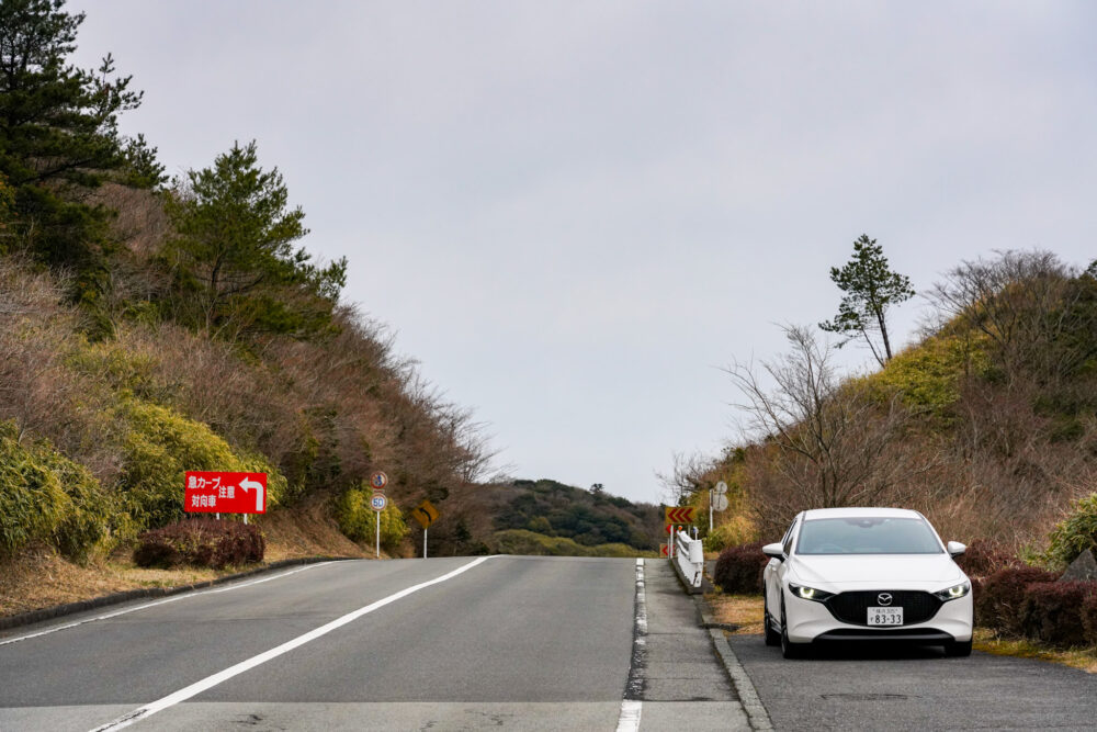 箱根ターンパイクの路肩に停まるマツダ3ファストバック スカイアクティブX