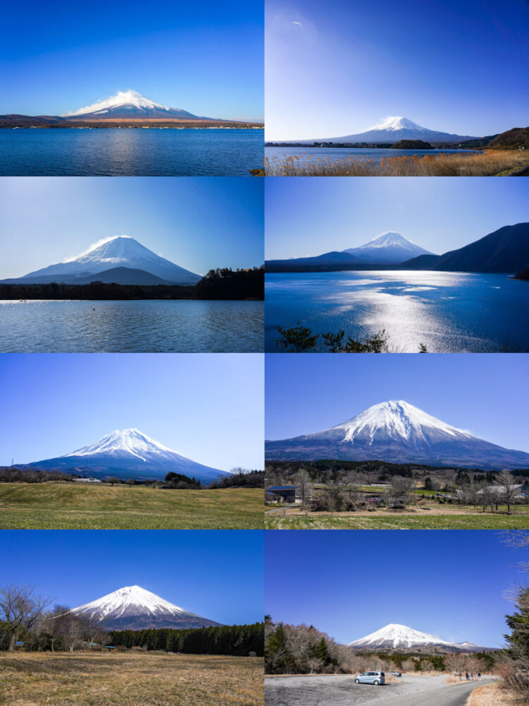 さまざまな場所で撮影した富士山の画像8枚を1つにまとめた