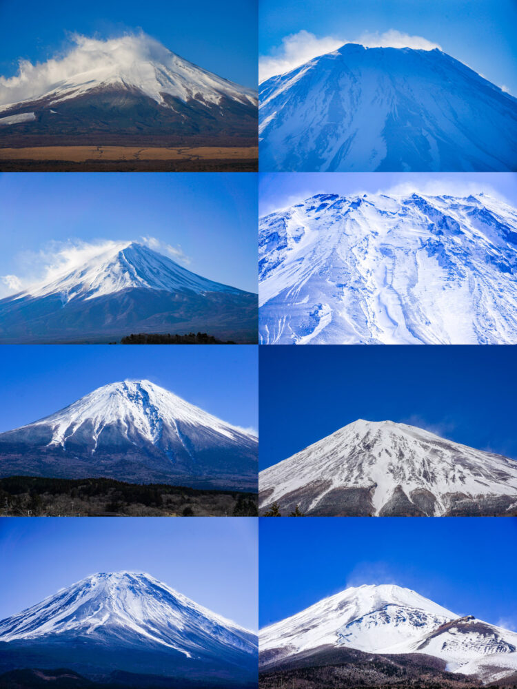 さまざまな場所で撮影した富士山頂付近の画像8枚を1つにまとめた