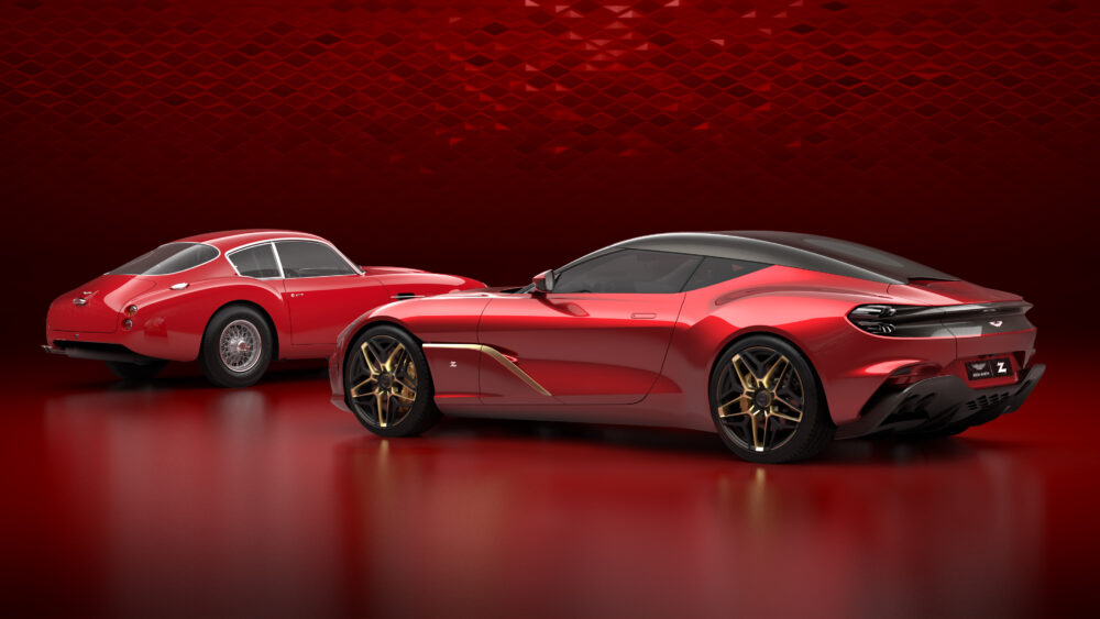 アストンマーティンが公開した「DBS GT ザガート」(画像右)と
左のクラシックなスポーツカーは復刻生産される「DB4 ザガート」の画像。