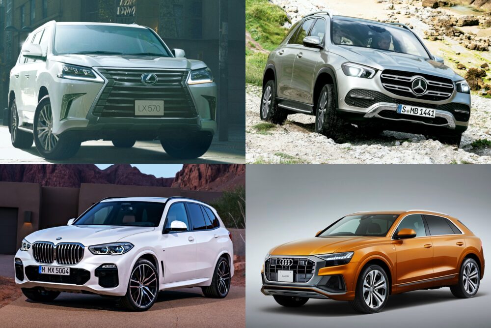 左上から時計回りに、レクサス LX、メルセデス・ベンツ GLE、アウディ Q8、BMW X5。