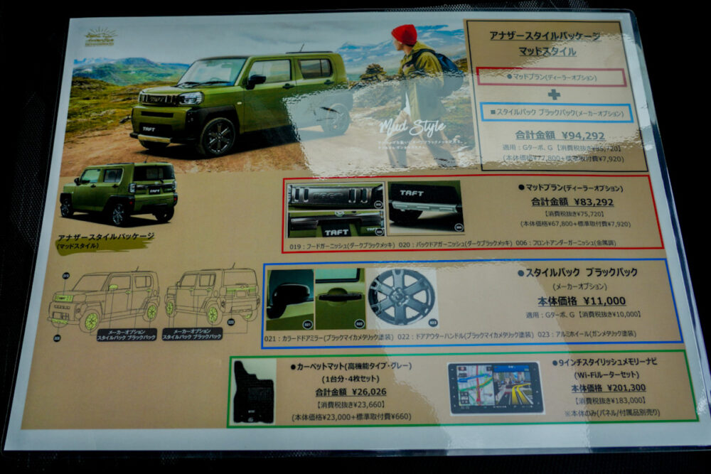 新型ダイハツ タフト アナザースタイルパッケージ/マッドスタイル 装備一覧シート